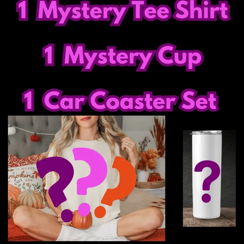 Women's 3-Piece Mystery Themed Gift Set - Unbox Adventure Clothes Bundle with Graphic Tee, Travel Tumbler, Car Coaster for Female Daily Use