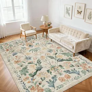 Lagre Boho Living Room Rug Soft Non-Slip Thin Carpet Indoor Floor Non-Shedding Neutral Floral Carpets for Bedroom Dining Room Farmhouse Nursery Washable Rug