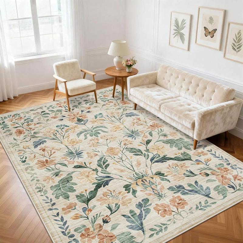 Lagre Boho Living Room Rug Soft Non-Slip Thin Carpet Indoor Floor Non-Shedding Neutral Floral Carpets for Bedroom Dining Room Farmhouse Nursery Washable Rug