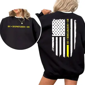 [Made in USA] 911 Dispatcher American Flag Sweatshirt, Yellow Line Graphic Crewneck, Support 911 Dispatcher Pullover, Rescue Worker Appreciation Shirt, Patriotic Graphic Sweatshirt, Gift For First Responders