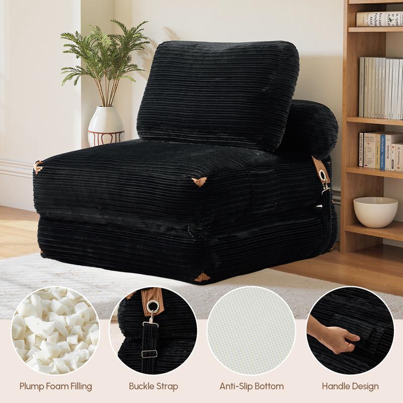 XIZZI 36" Foldable Boneless Lounge Sofa Bed, Corduroy Upholstered Sectional, Convertible Sleeper Chair with Pillow Foldable Mattress with Back Support, Portable Fold Out Chair Bed Comfy Floor Couch for Living Room Bedroom