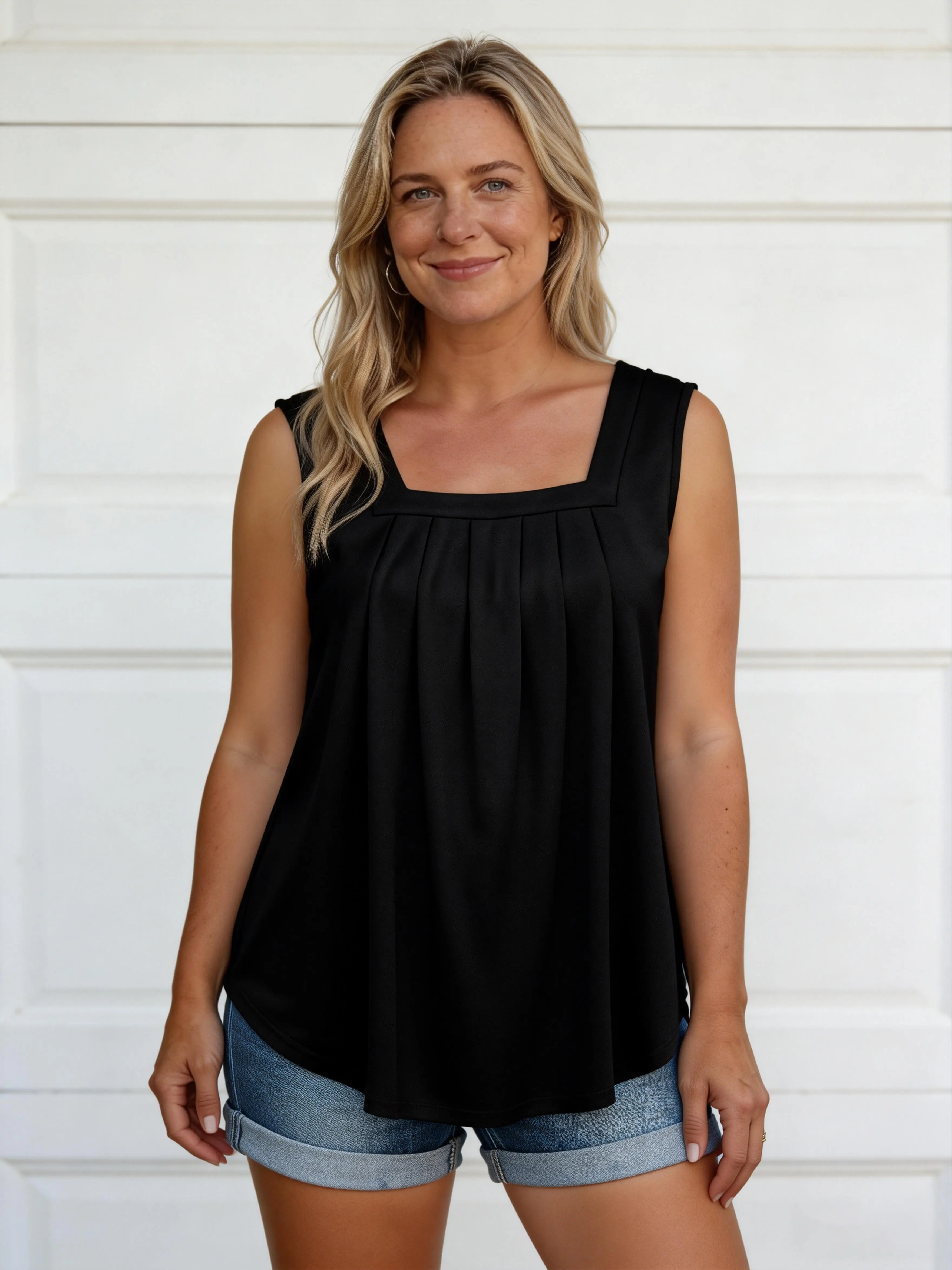 EncoLax Summer Tank Tops for Women Loose Fit Pleated Square Neck