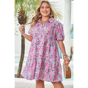 Pink Plus Size Floral Half Button Short Puff Sleeve A-line Dress