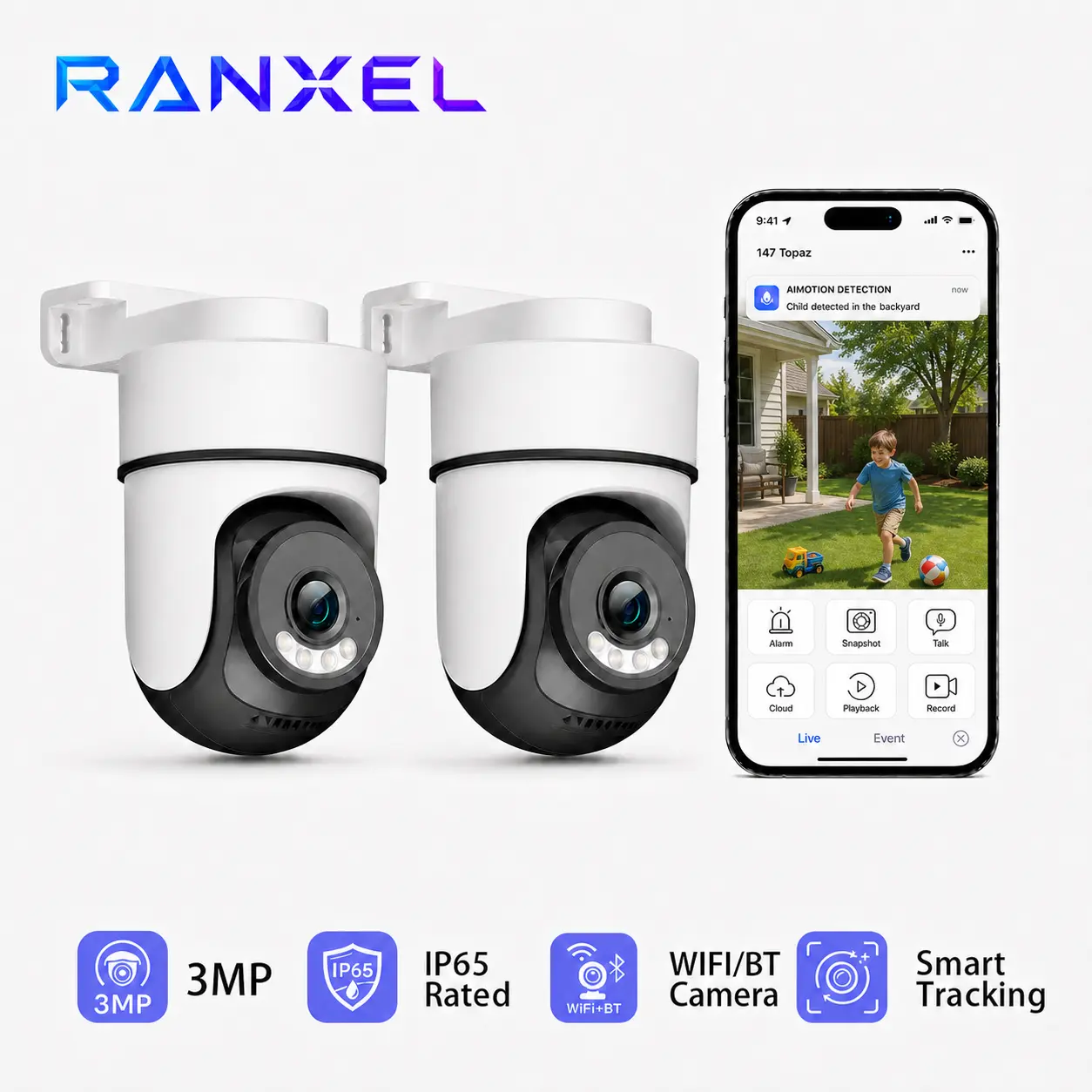 Ranxel 3MP Outdoor Wi-Fi Security Camera - 360° Pan, 120° Tilt Home Monitor with AI Human Detection, Auto Tracking, IP65 Weather Resistance, Full-Color Night Vision, 2-Way Audio, Multi-User Sharing, microSD/Optional Cloud Storage, App Alerts