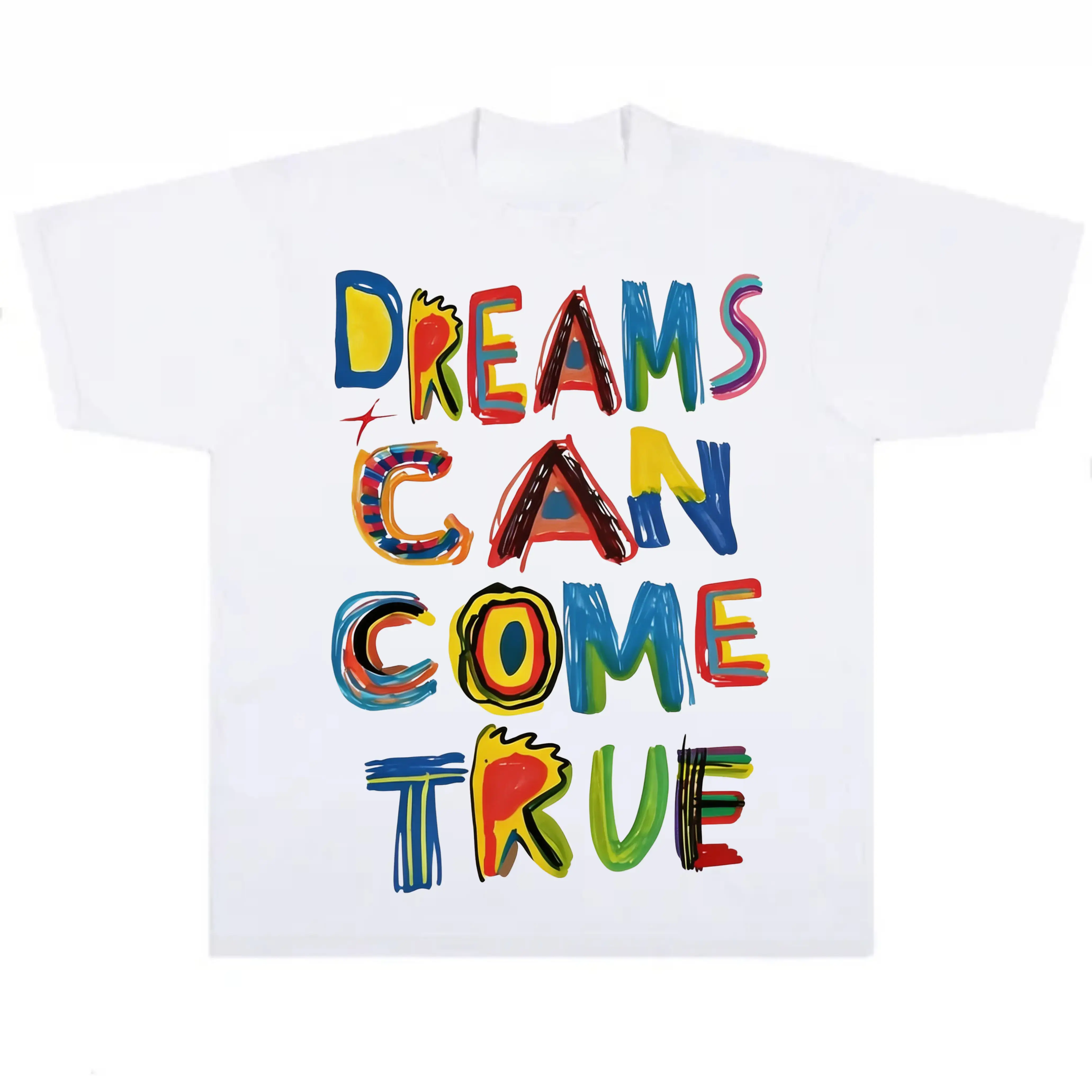 Men's Cotton Short-Sleeve T-Shirt - "Dreams Can Come True" Graffiti, Retro Loose-Fit Casual Fashion Top, Korean Vintage Streetwear, Human-Centric Drape Layer Design, Pairable with Sneakers