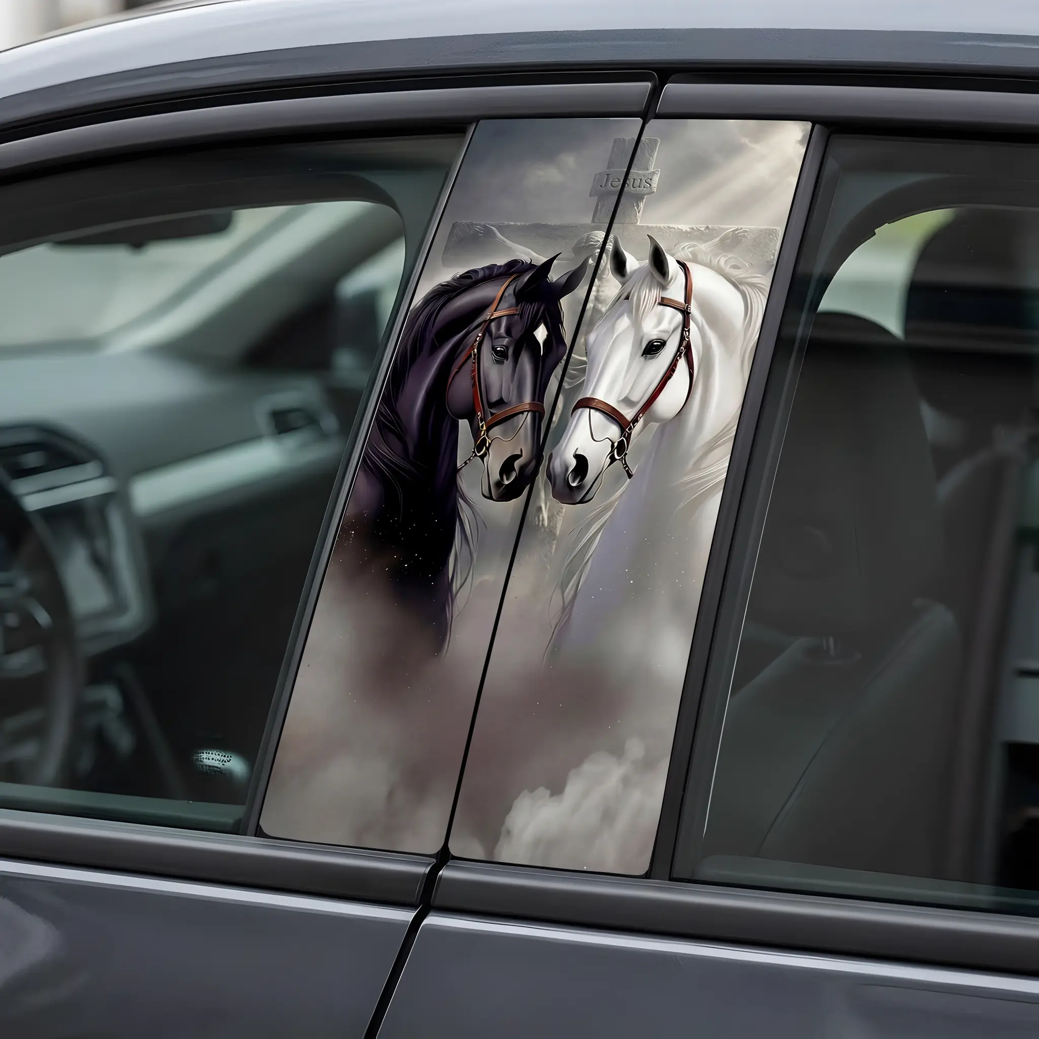 Horse Car B-pillar Stickers Jesus Decorative Vinyl Decals for Vehicle Personalization 50cm*25cm 3D Effect PVC Material No Residue Stylish Car Merch