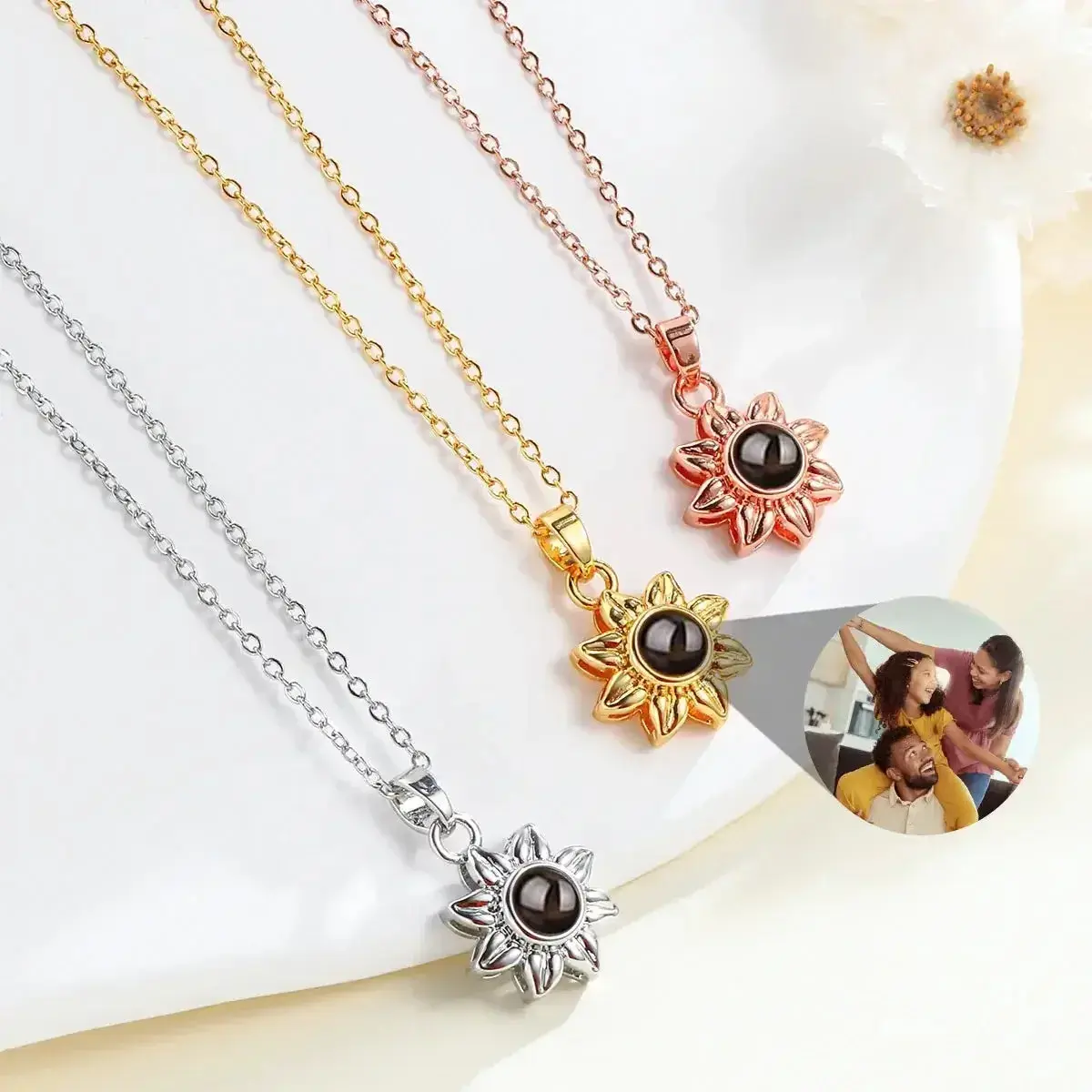 Personalized Projection Photo Necklace Custom Sunflower Pendant Special Heartfelt Unique Accessory Jewelry with Custom Photo Inside