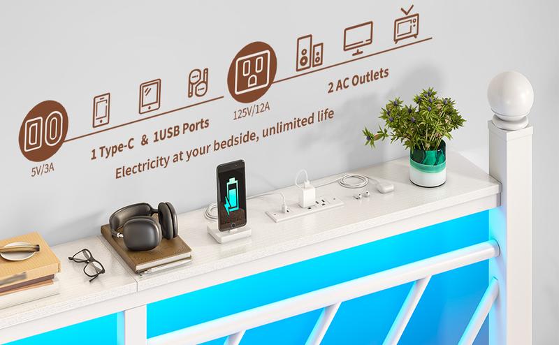 [RaybeeBrandyDay]RaybeeFurniture Twin/Full/Queen Metal Bed Frames ,with LED Lights and Charging Station, Sturdy Bed Frames with Headboard and Footboard, with Storage Shelves and Under Bed Storage, No Box Spring Needed, Noise Free[Black Friday]