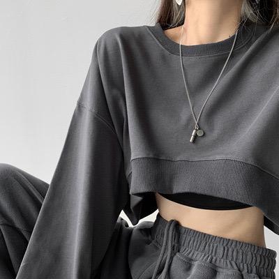 Women's Korean Style Long Sleeve Cropped Sweater No Hood Fish Scale Design Solid Color Soft and Comfortable