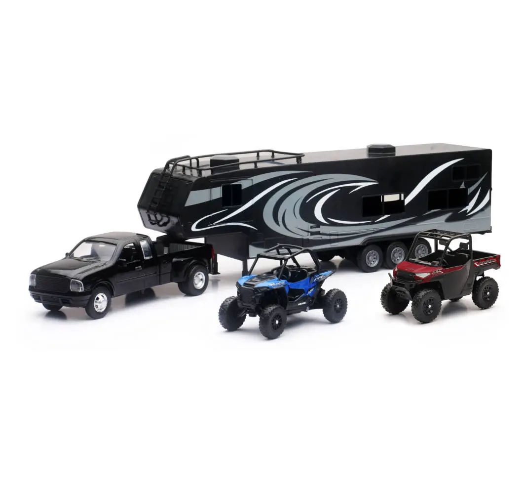 NewRay Toys Die cast Pick up Truck with Toy Hauler and 2 Polaris Vehicles (Blue RZR and red Ranger)
