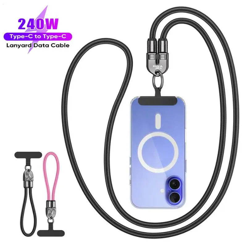 【Summerfinds】Joytutus 2-in-1 Adjustable Phone Lanyard Cable+Strap - 240W Fast Charge USB-C Cable (7mm), Nylon Braided Crossbody & Wrist Straps, Portable Holder for iPhone, Samsung, Earbuds, Travelers, Mobile Phone Accessories, Data Sync, 240W Fast Chargin