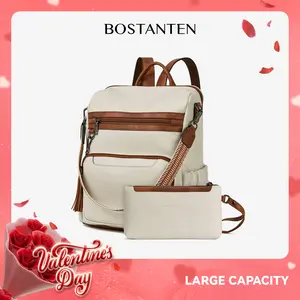 [Valentine's Day Gift] BOSTANTEN Backpack for Women Leather Womens Backpack Purse 2PCS Laptop Backpack Large Ladies Shoulder Bags with Wristlet