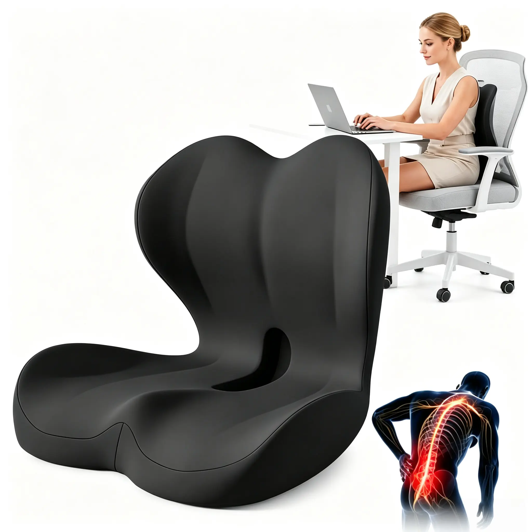 Ergonomic Memory Foam Seat & Back Cushion, Relieve Tailbone Sciatica & Lower Back Pain, Zippered Washable Cover, for Office Workers Drivers Students, Fits Office Chair Car Seat for Long Sitting