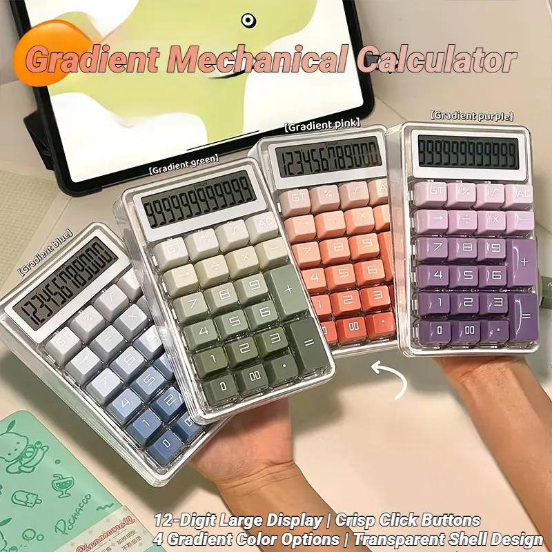 Gradient Mechanical Desktop Calculator, 12 Digit Large Screen Display Portable Calculator with Crisp Mechanical Buttons, Transparent Shell Stylish Calculators for Adult Office & Daily Work, 4 Vibrant Gradient Color Options