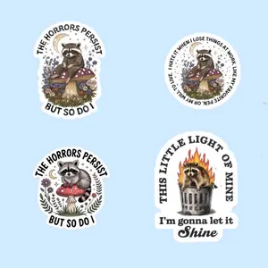 Funny Raccoon Meme Sticker books Set 4PCS, “The Horrors Persist But So Do I”, “I Hate Losing Things at Work”, Dumpster Fire Sarcastic Vinyl Decals for Laptop, Water Bottle