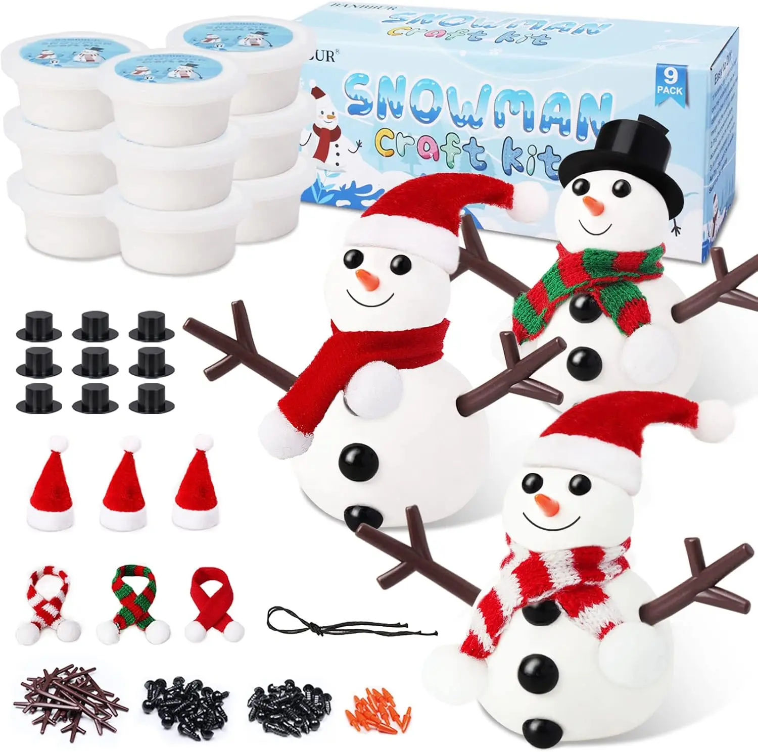 Build a Snowman Kit for Kids - 9 Pack Modeling Clay DIY Kit with Craft Buttons