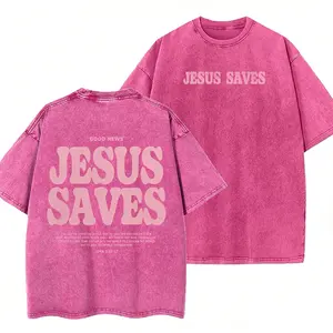 Unisex Jesus Saves Print Acid Washed T-shirt Cotton
