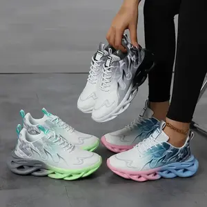 Women's Large Size Breathable Mesh Running Shoes - Shock Absorption Soft Sole Sports Shoes, White/Gray and Blue-Pink Gradient, Lace-Up Low-Top Design, Suitable for Casual Travel, Sizes 5.5-13