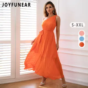 Clearance Joyfunear Ladies' one shoulder sleeveless pleated dress chiffon summer elegant style