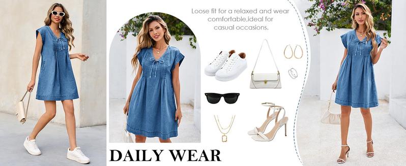 Imily Bela Womens Denim Mini Dress Casual Summer Cap Sleeve Tie V Neck Loose Babydoll Jean Dresses