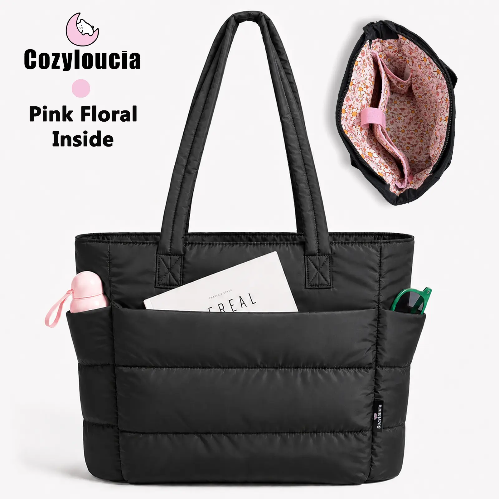 CozyLoucia Cute Puffer Tote Bag for Women Pink Flower Print Interior Laptop Shoulder Handbag, Lightweight Best Tote Bag for Work with Multiple Compartments for Travel , Work  and School, Quilted Puffer Bag, Gifts For Women TikTokShopBackToSchool