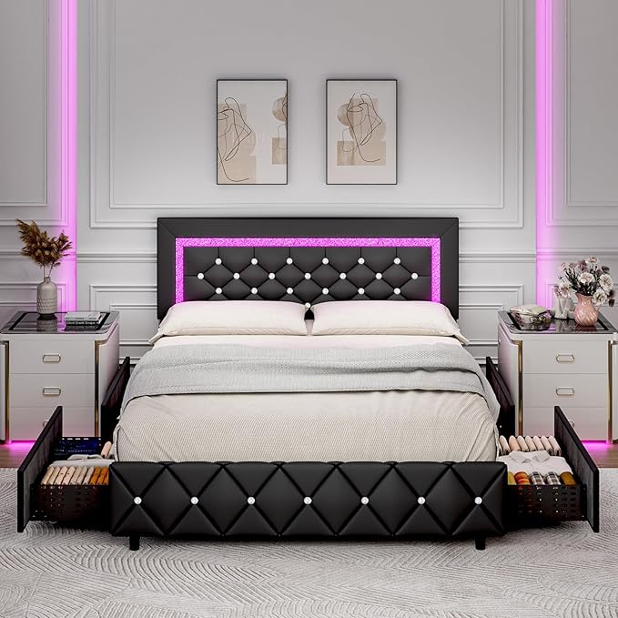 HOMBCK Bed Frame with Lights and Drawers,  No Mattress,  Diamond Headboard, Faux Leather, Modern Style, No Box Spring Needed, Easy Assembly