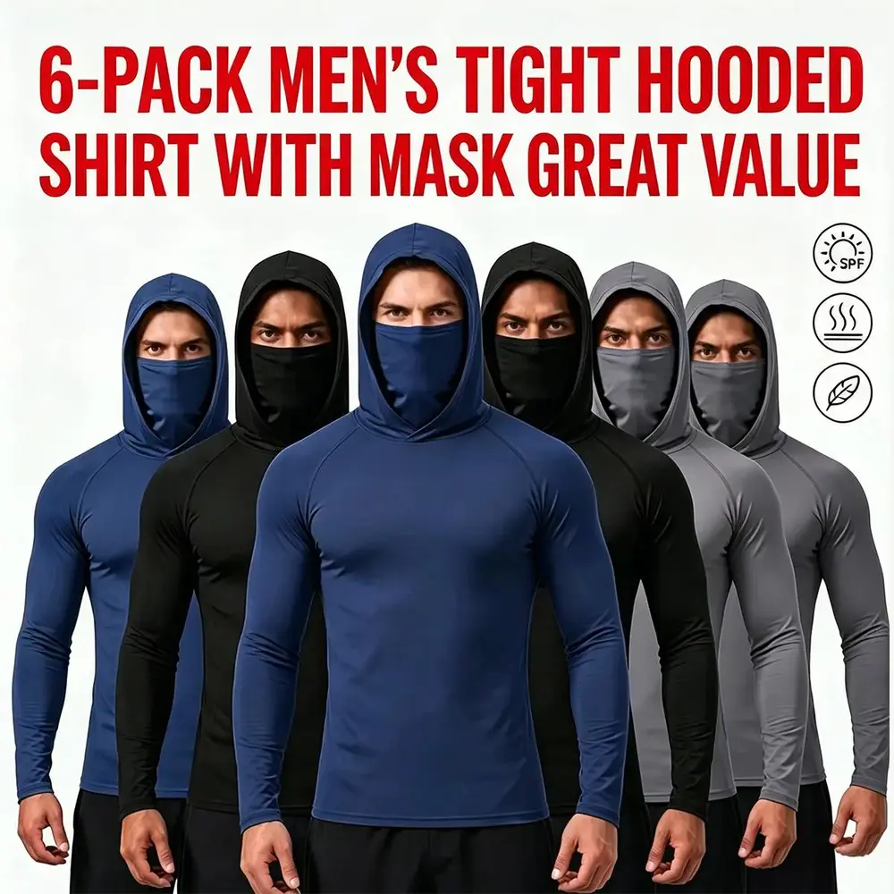 Men’s 6-Pack Thin Sun Protection Long Sleeve Hooded Sport Shirts with Built-In Face Mask, Lightweight UV-Blocking Cooling Tops for Fishing, Outdoor Work, Hiking