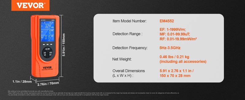 VEVOR 3-in-1 EMF Meter, TikTokShopBlackFriday, Handheld Rechargeable Electromagnetic Field Radiation Detector, Digital LCD EMF Tester for EF MF RF Home Inspections Outdoor Ghost Hunting Paranormal Equipment