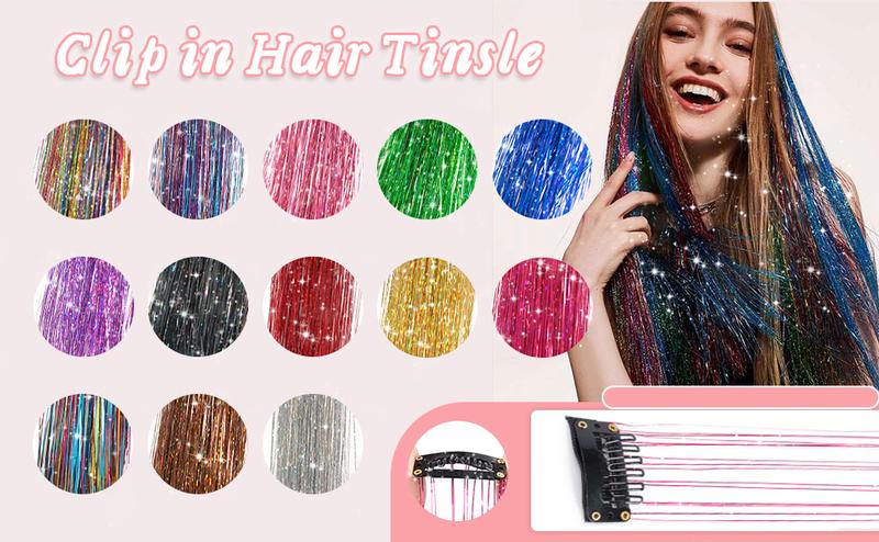 AISI HAIR 6 Pcs Clip-in Hair Tinsel Kit, 20 Inch Heat Resistant Glitter Tinsel Hair Extension Clips, Fairy Hair Sparkle Strands Festival Gift Party Dazzle Accessories for Women Girls Synthetic Hairpieces Synthetic Curly Wavy