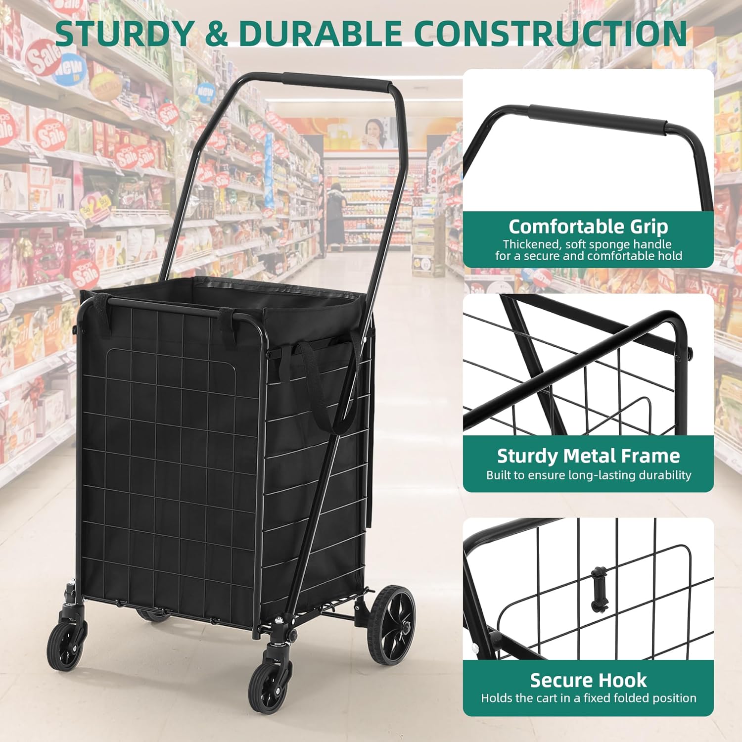 YITAMOTOR Waterproof Liner Foldable Shopping Cart with Wheels for Seniors Portable Collapsible Utility Carts for Shopping Groceries Laundry & Storage Durable