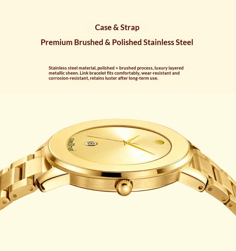 Luxury business quartz watches for men and women feature solid, hypoallergenic stainless steel strap with calendar function, deep waterproof, minimalist design, elegant, precise and durable for business travel, suitable for daily wear and gift giving