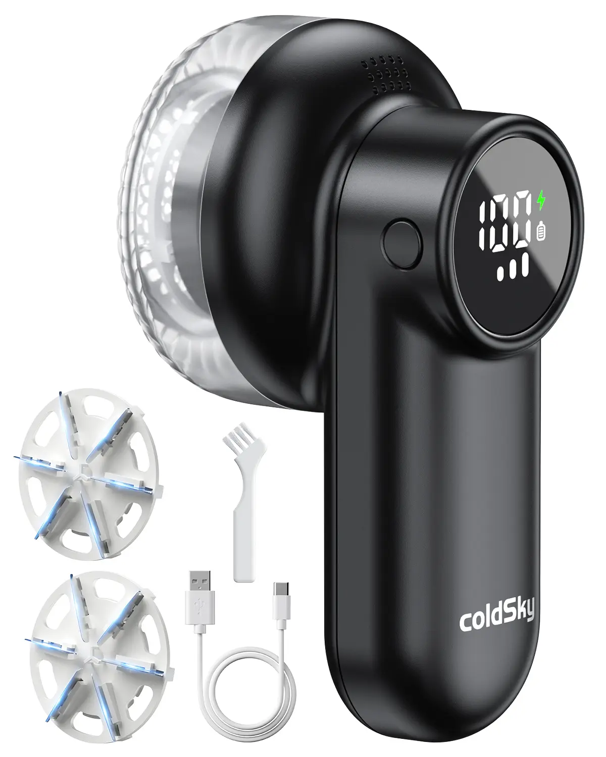 ColdSky Rechargeable Fabric Shaver with Lint Remover Brushes - Stainless Steel 6-Leaf Blades, 3 Speeds, LED Digital Display, Compact, USB Cable, Extra Blade, Portable for Sofa Care, Safety Stop, 1-Hour Charge, Comfortable Grip for Clothes, Furniture
