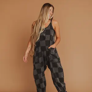 Women's Tank Romper - Black Denim Check