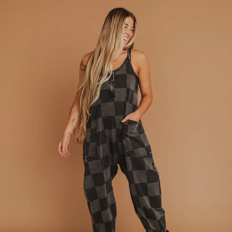 Women's Tank Romper - Black Denim Check