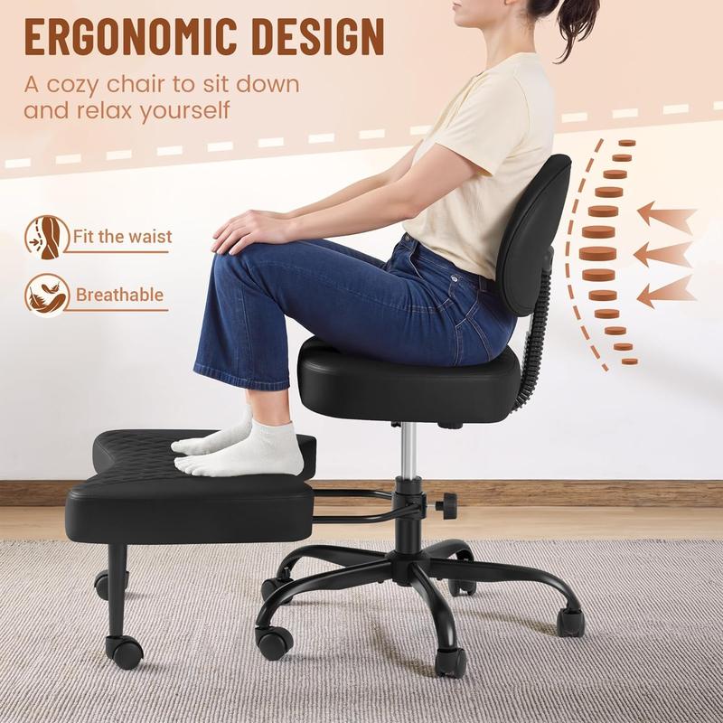 HOMALL Ergonomic Cross Legged Office Desk Chair with Wheels, 360° Swivel and Adjustable Height for Meditation and ADHD,Criss Cross Kneeling Chair with Lumbar Support (Teddy Fabric,Leather))