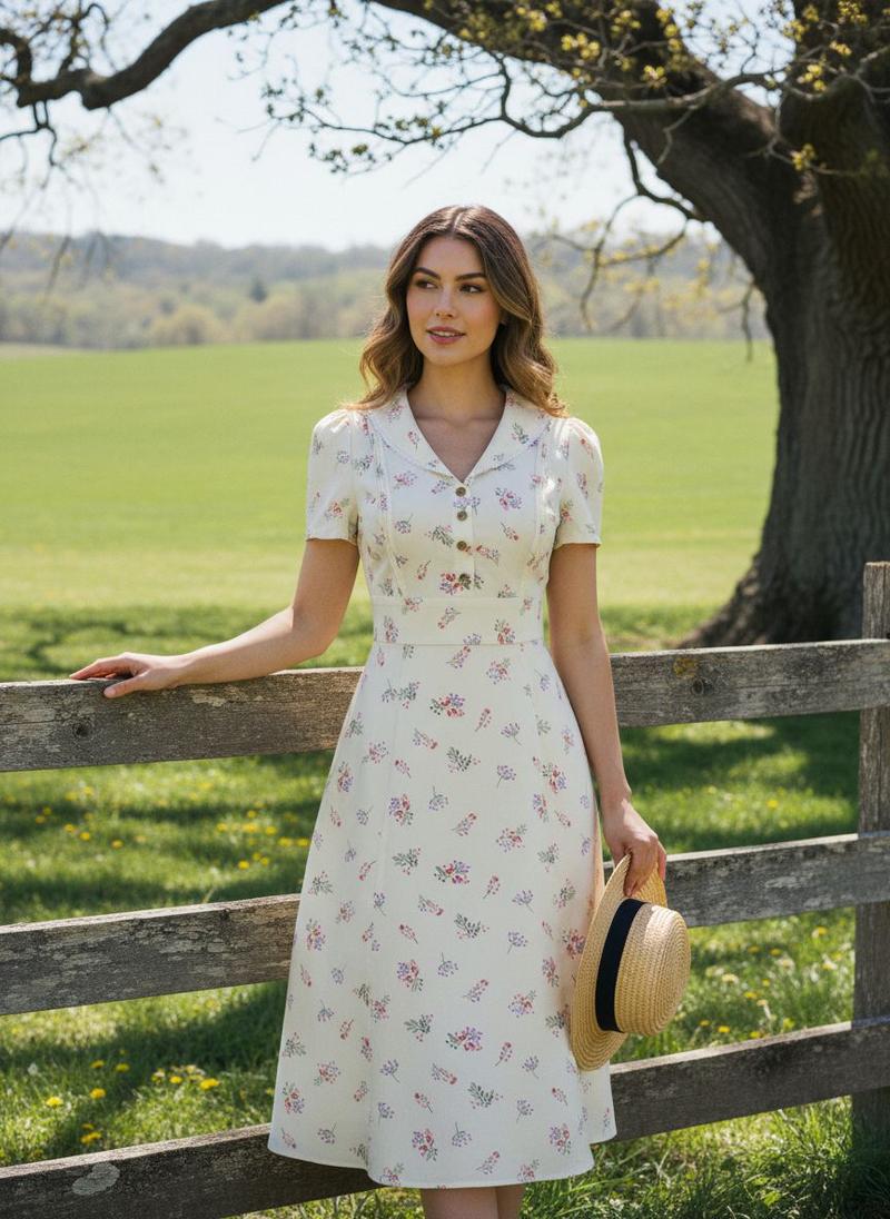 PURE COTTON BEIGE 1940S PUFF SLEEVES FLORAL DRESS Casual Womenswear Cute Summer Fitted Vneck Shortsleeve