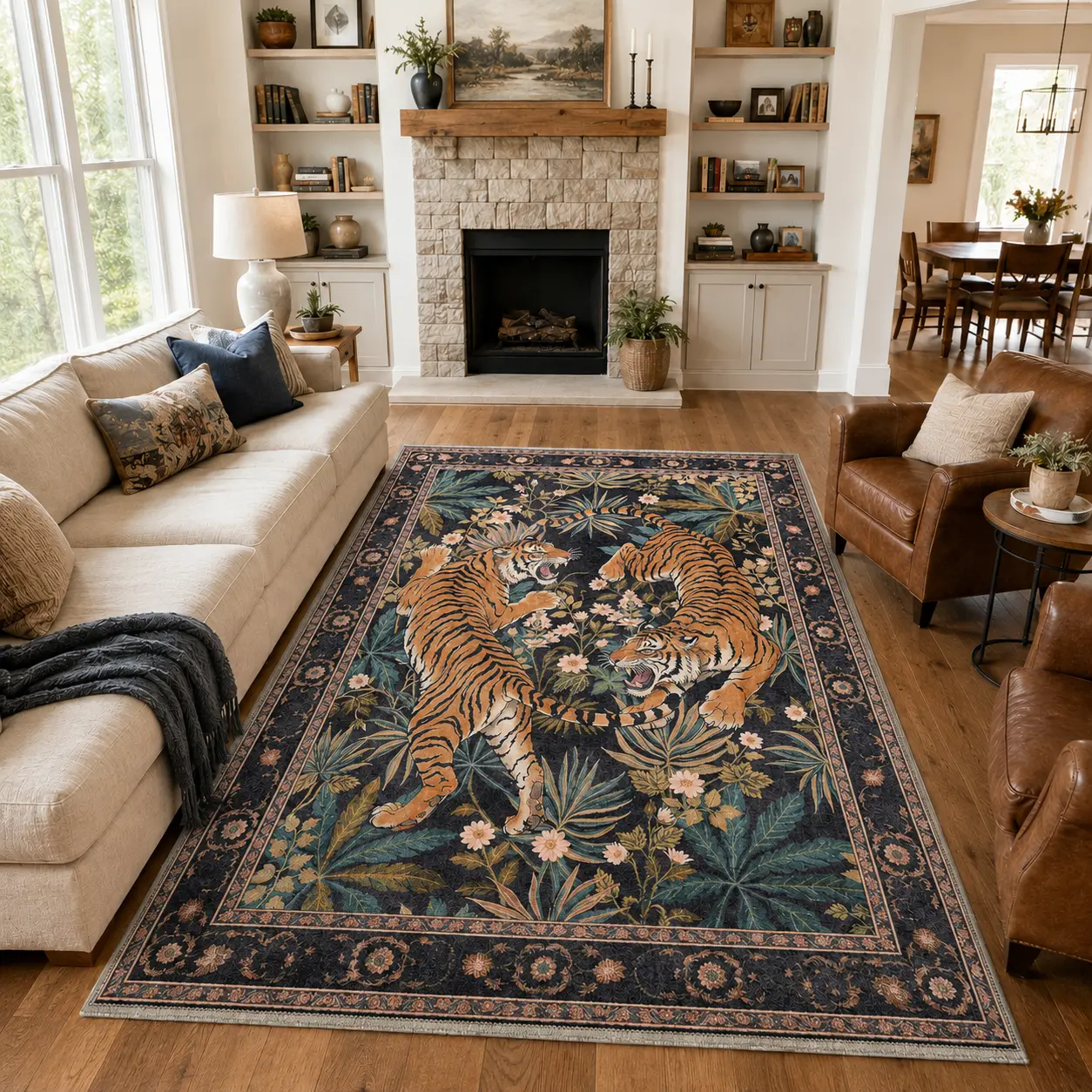 【Back To School】GENIMO Tiger Print Area Rugs, Boho Vintage Oriental Living Room Rug, Non Slip Washable Rug Stain Resistant, Low Pile Thin Soft Animal Botanical Carpet for Bedroom, Dining Room, Office, Black