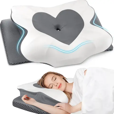 Cushzone New Queen Size CertiPUR-US Certified Ergonomic Cooling Durable Memory Foam Sleeping Neck Rest Pillow - Mesh Fabric, Heart Shape, Gentle Cradle, Breathable, Machine Washable, Removable Cover, Milk Silk, Skin-Friendly for Side Sleepers