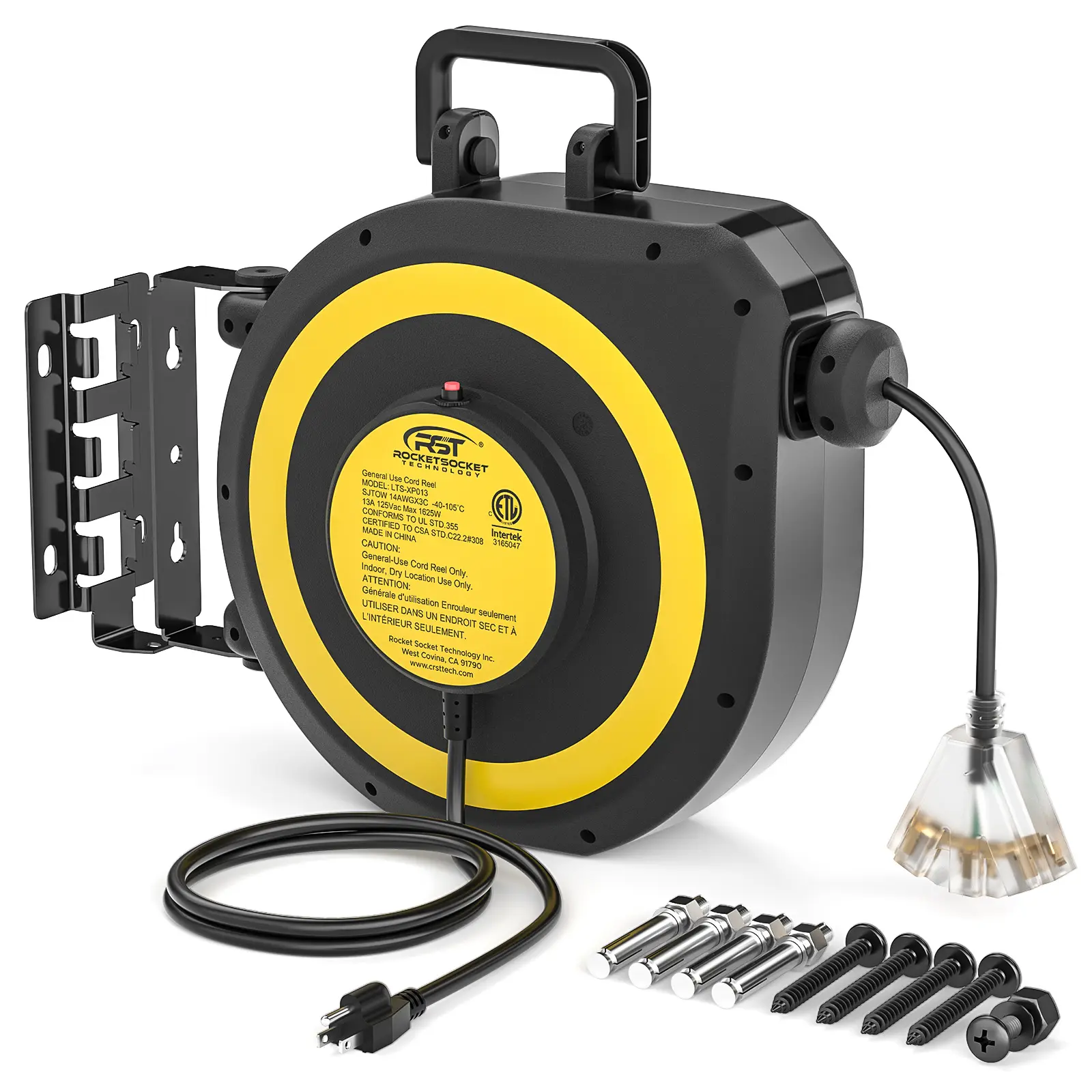 CRST Heavy Duty Retractable Extension Cord Reel - 50-Feet 14AWG Cord, 3-Outlet Triple Tap, 180° Swivel Wall Mount Bracket, Lock Function, 15lbs Load Capacity, 125V, Easy Handling Design, UL Listed, 36-Month Warranty