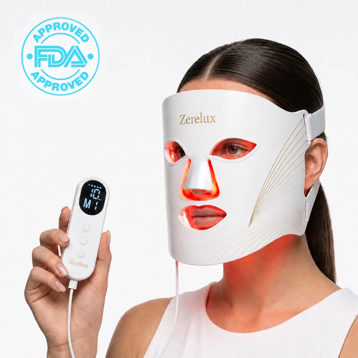 Zerelux red light therapy mask, 7 lighting modes including 630nm red light and 850nm near-infrared light, 2000mAh rechargeable controller, unique zoning care mode, suitable for home and travel use at any time