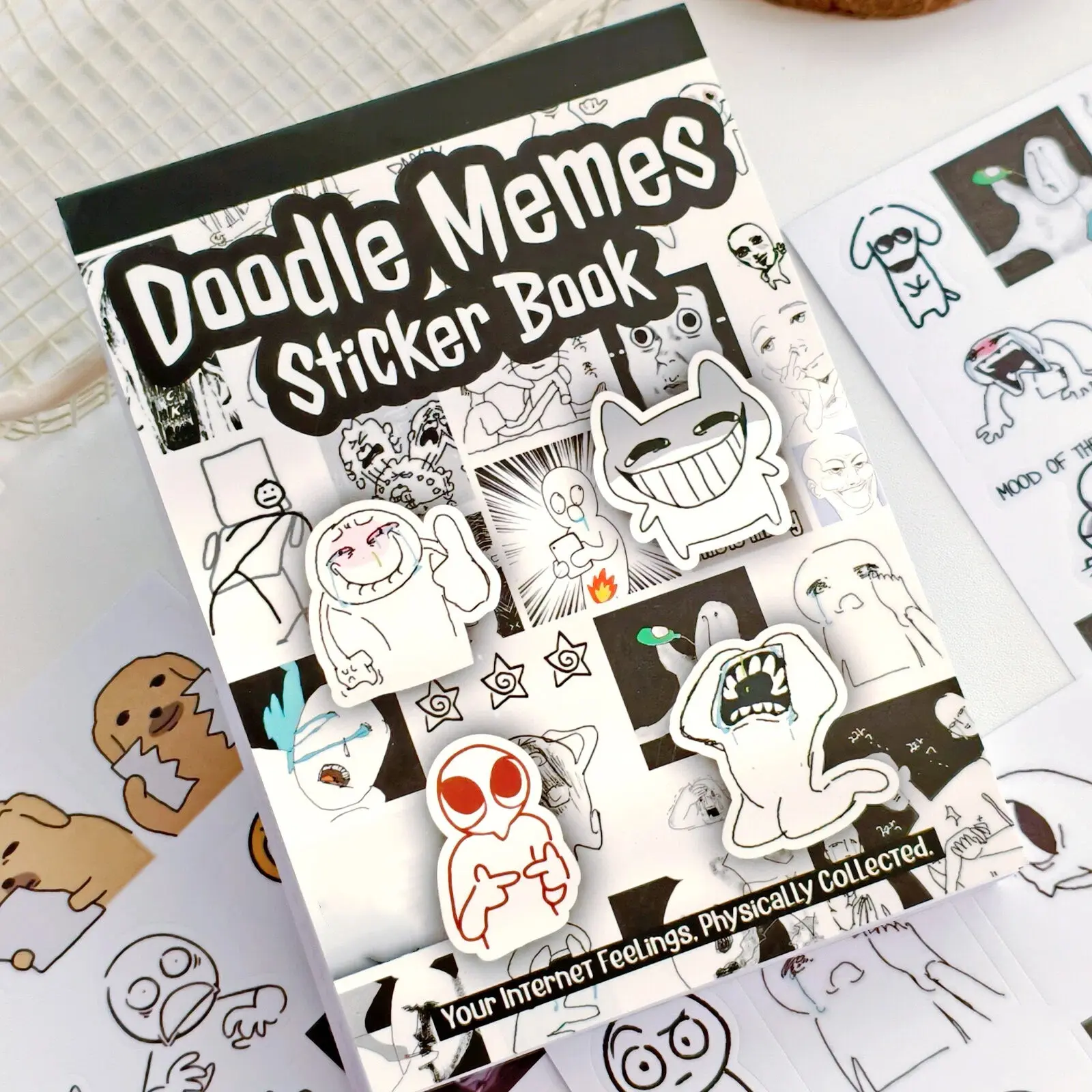 Doodle Memes Adhesive Sticker Book - 460 Hand-Drawn Stickers for Journaling, DIY Crafts, Planners, Summervibes Crafting Kit for Mood Expression & Scrapbooking, Adhesive Stickers
