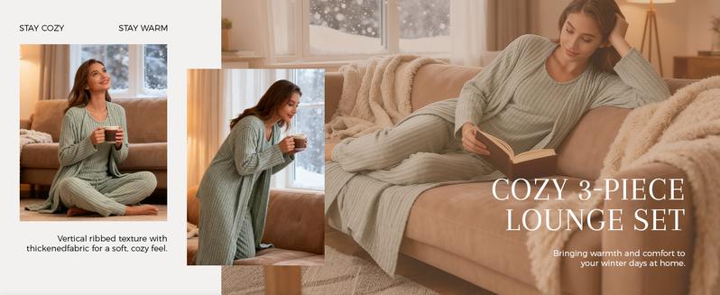 VRcomfy Women's 3 Piece Loungewear Set Knit Long-Sleeve Cardigan Cropped Top Loungewear Set