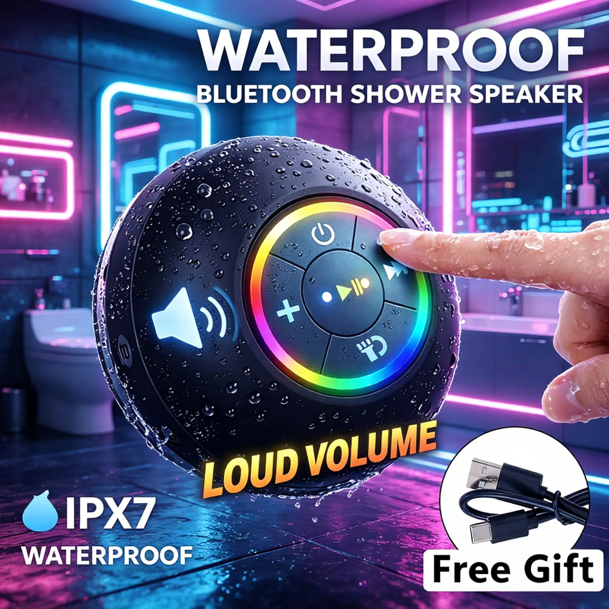 Rechargeable Waterproof Wireless Speaker With LED Lights & Suction Cup, Portable Bluetooth-Compatible Hands-Free Speaker For Shower, Bathroom And Outdoor Activities, Black ﻿
