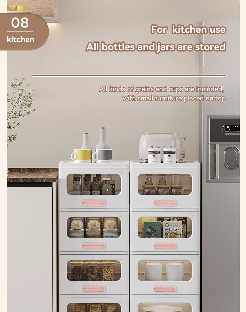 MiAoLi  4Tier Stackable Plastic Storage Cabinet System - Large-Capacity Storage Boxes with Doors and Casters, Space-Saving Folding Home Organization Solution for Bedrooms, Living Rooms, and Kitchens, Easy Assembly