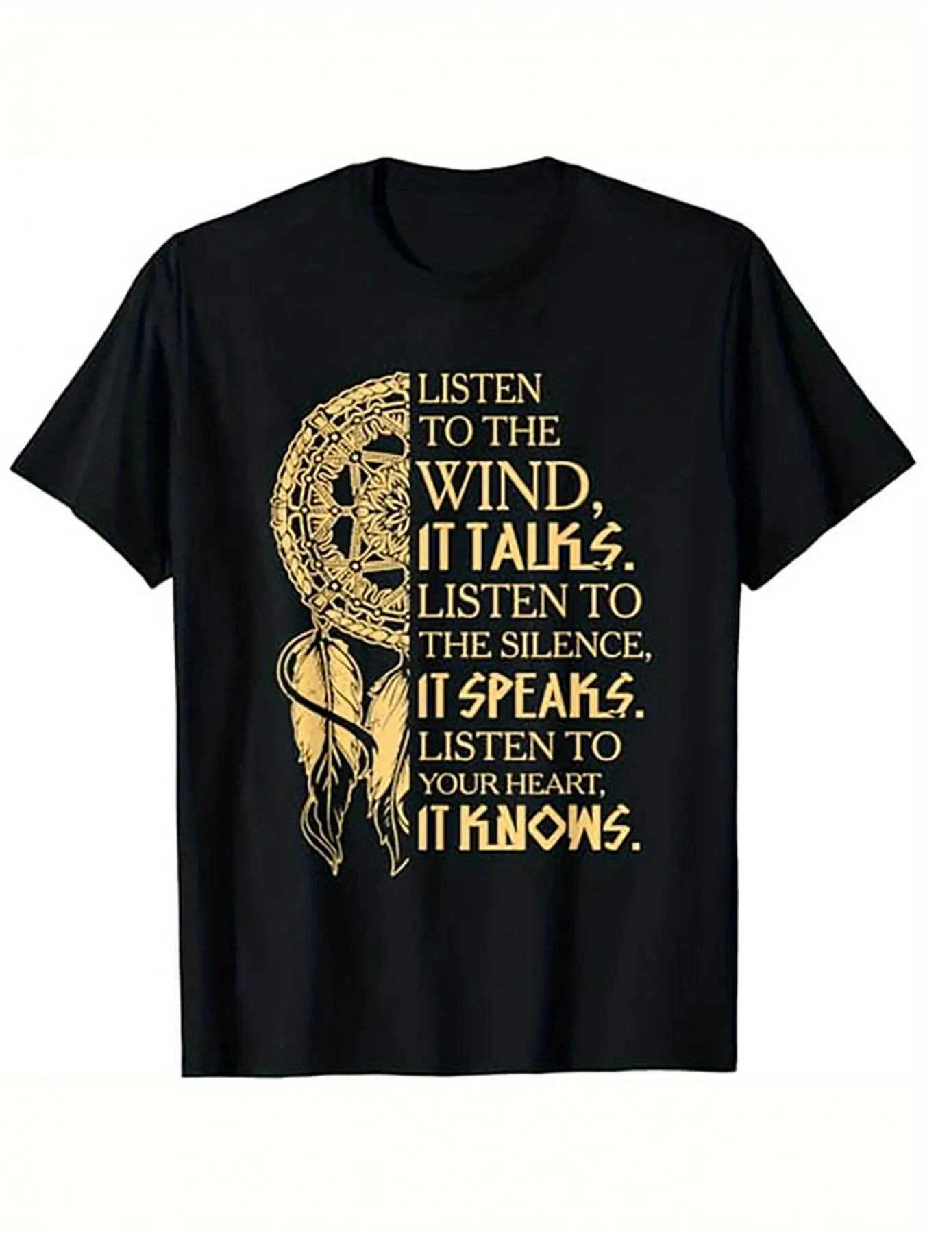 Men' Native American  Cotton T-Shirt - Cultural Tee with "Listen to The Wind It Talks" Slogan, Breathable Slight Stretch Fabric, Casual Crew Neck Short Sleeve Top for - Wear & Native Apparel