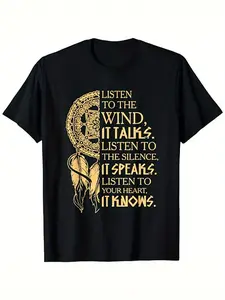 Men' Native American 100% Cotton T-Shirt - Cultural Tee with "Listen to The Wind It Talks" Slogan, Breathable Slight Stretch Fabric, Casual Crew Neck Short Sleeve Top for - Wear & Native Apparel
