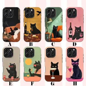 Retro Lounge Bar Aesthetic Black Cat Cocktail Smartphone Case, Tough Cellphone Shell, Wireless-Friendly Phone Accessories for iPhone 17, 16, 15, 14, 13, 12