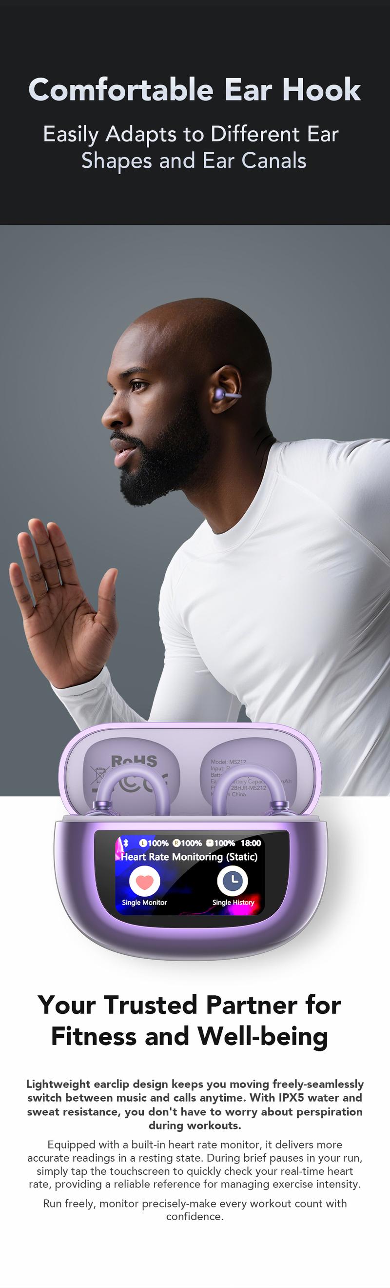 MINISO MS212 Clip-On Ear Headphones with Heart Rate Monitoring Wireless Audio Headphones for Music & Phone Calls, IPX5 Sport Waterproof & Sweatproof, with LCD Full Color Touch Screen, Bluetooth 6.0 Headsets, Heart Rate Health Management