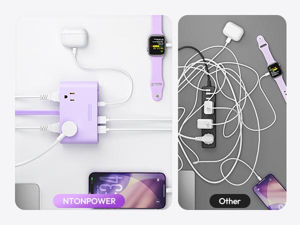 NTONPOWER Desk Power Strip with USB C, Purple Flat Plug 8-in-1 (4 AC + 4 USB), 25W Charging, 5ft Flat Extension Cord, Aesthetic Desk Setup, Study Desk & Dorm Room Essentials for Students