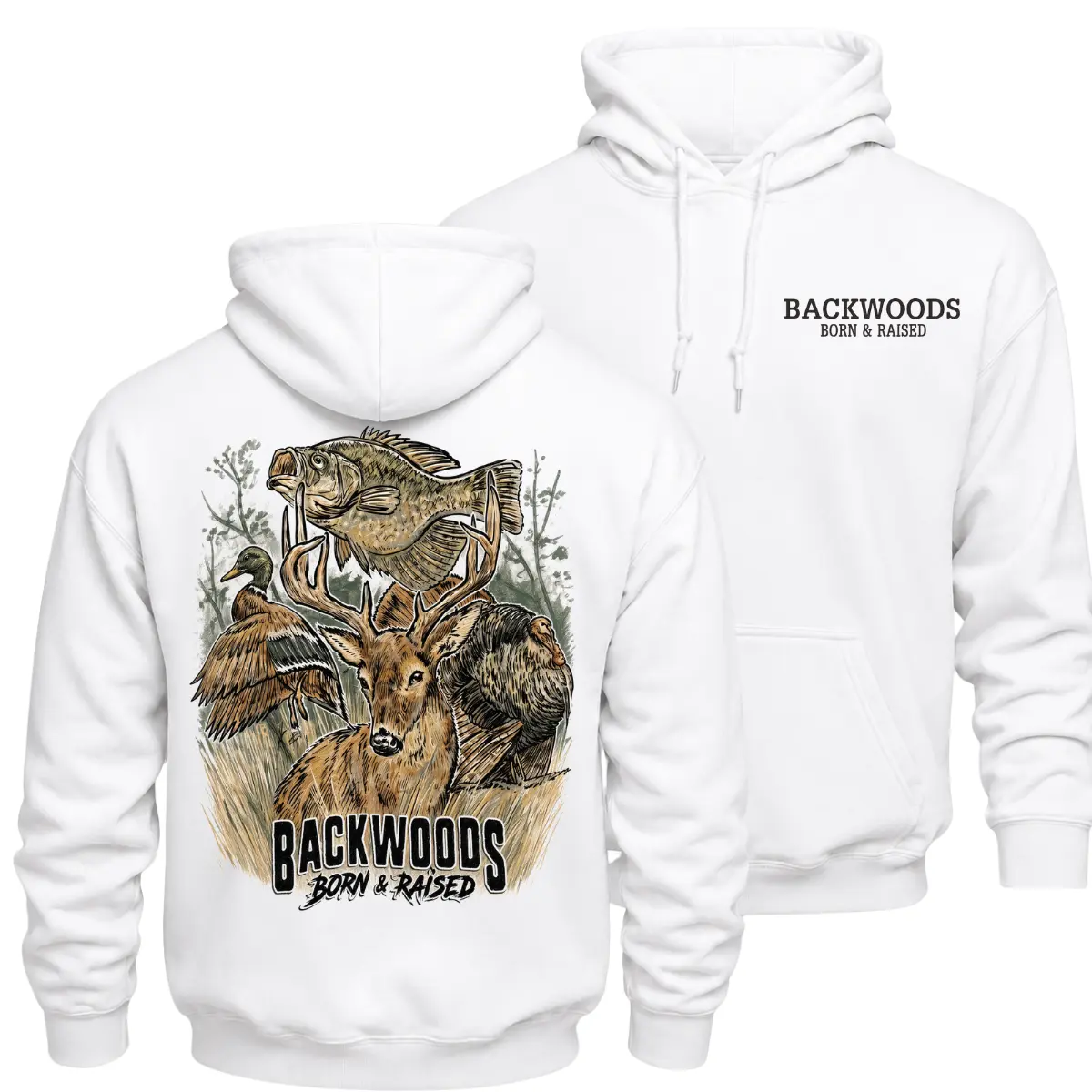 Backwoods Born and Raised Hunting and Fishing Hoodie, Whitetail Deer Bass Duck and Turkey Graphic Pullover, Front Chest Logo and Large Back Print Sportsman Apparel, Outdoor Hunting Fishing Gift for Men and Women